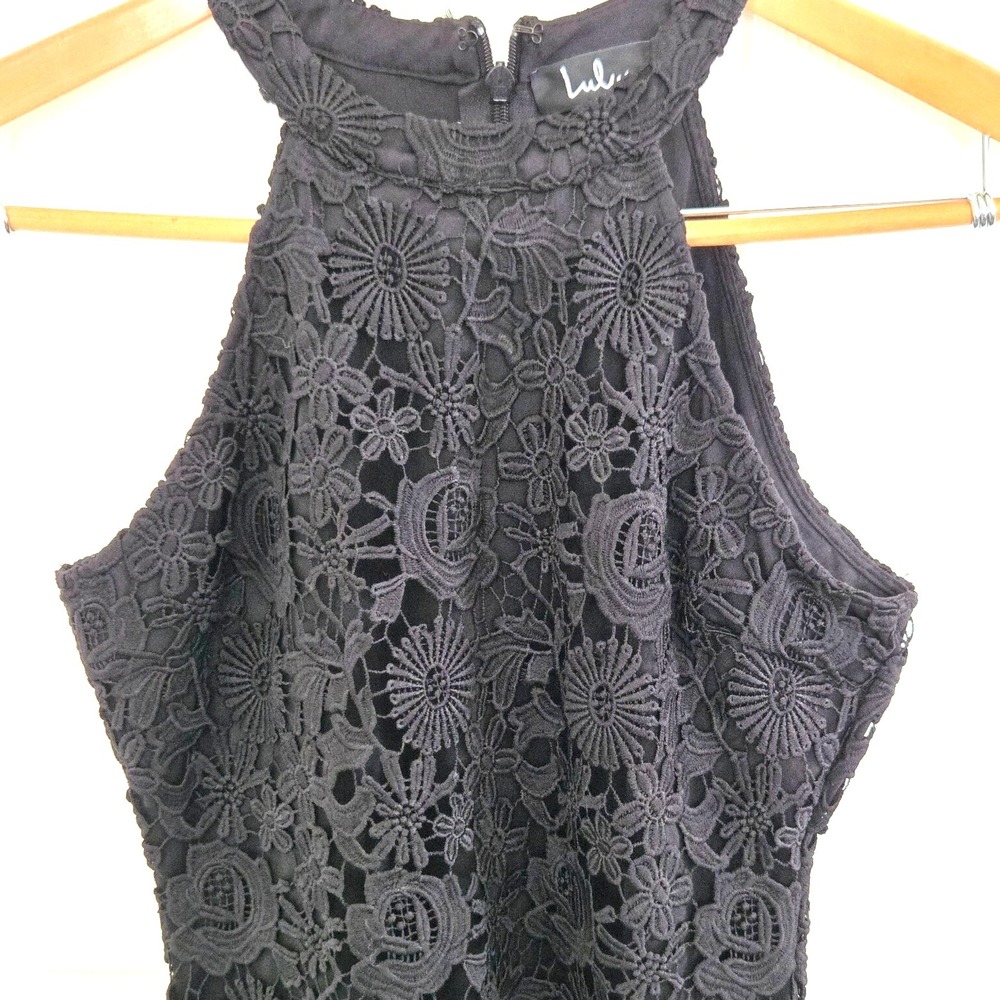 Lulus Love Poem Halter Dress Size Large Black Lace Mini Crochet Floral Party - Picture 3 of 6